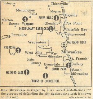 A newspaper clipping showcases a frame containing a simple map with the Nike rocket symbols scattered in eight spots in different regions in Milwaukee and surrounding areas. A caption is written on the bottom of the clipping, outside the frame.