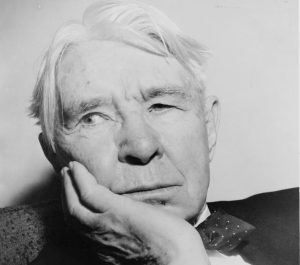Grayscale headshot of Carl Sandburg in formal attire looking to the left with chin resting on his right hand.