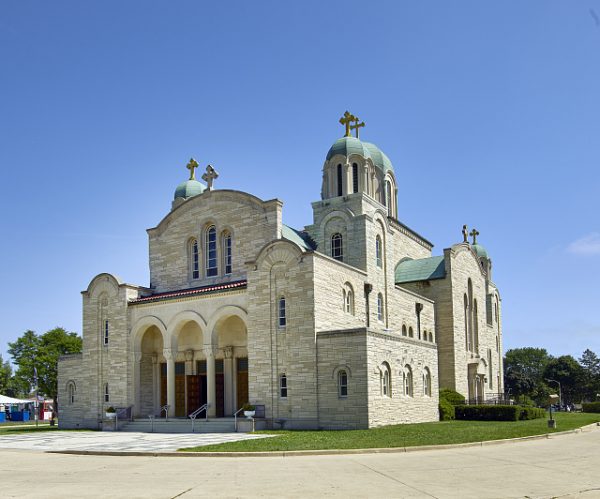 Photograph of the St. Sava Serbian Orthodox Cathedral taken in 2016. Completed in 1958, the church is a key aspect of Milwaukee's Serbian community and includes a school and other cultural organizations. 