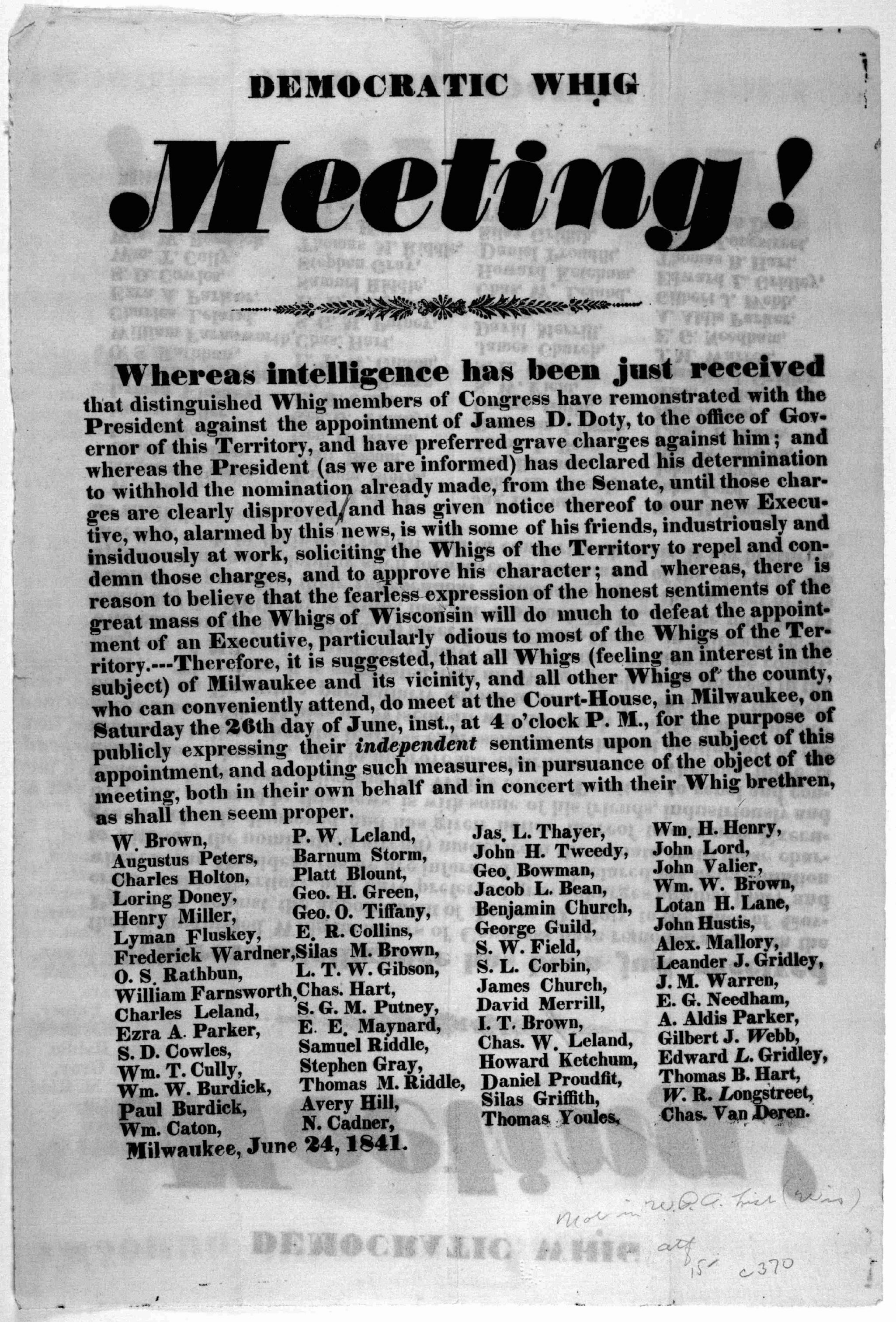 Front page of a leaflet announcing a Whig meeting at the Milwaukee County Courthouse on June 26, 1841. 