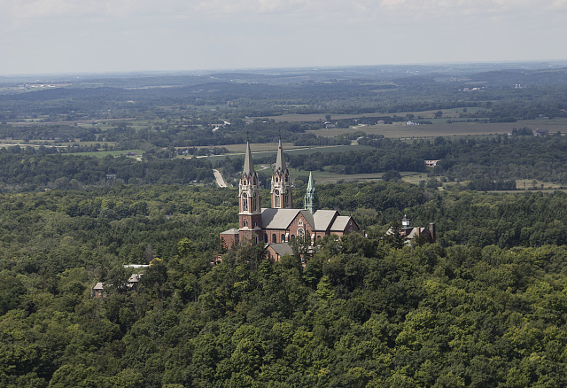 Aerial view of the Basilica of the National Shrine of Mary Help of Christians at Holy Hill, a popular destination for tourists and pilgrims. 