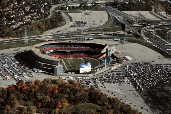 Aerial view of Milwaukee County Stadium, looking north, taken in 1985.