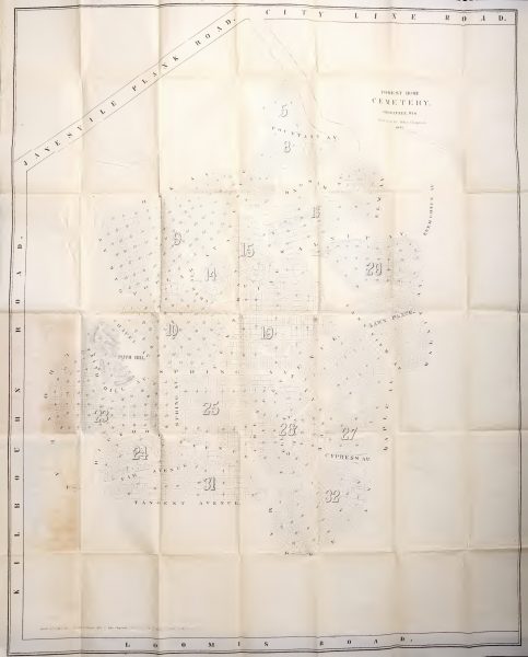 A page of the 1871 plan of the Forest Home Cemetery shows multiple numbered areas in the complex. The cemetery borders Janesville Plank Road in the northwest, Kilbourn Road in the west, and Loomis Road in the south. The named streets within the cemetery suggest its curvilinear design.