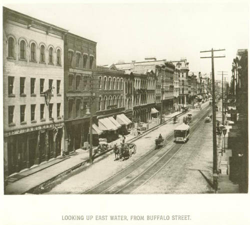 High-angle view of East Water Street in sepia color. Buildings stand side by side along the long road. Some horse-drawn vehicles and a streetcar pass on the street. Two rail track lines are visible throughout the road.