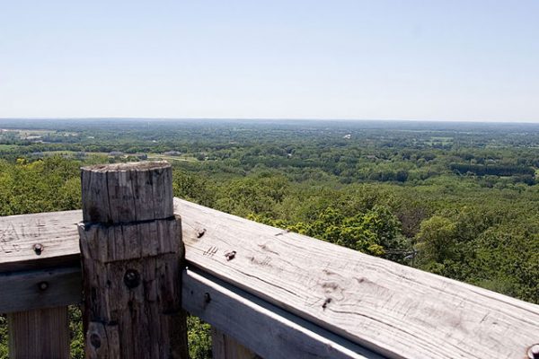 Panoramic view of a portion of Kettle Moraine State Forest from an observation tower made of wood. The green expanse of the forest is visible as far as the eye can see.