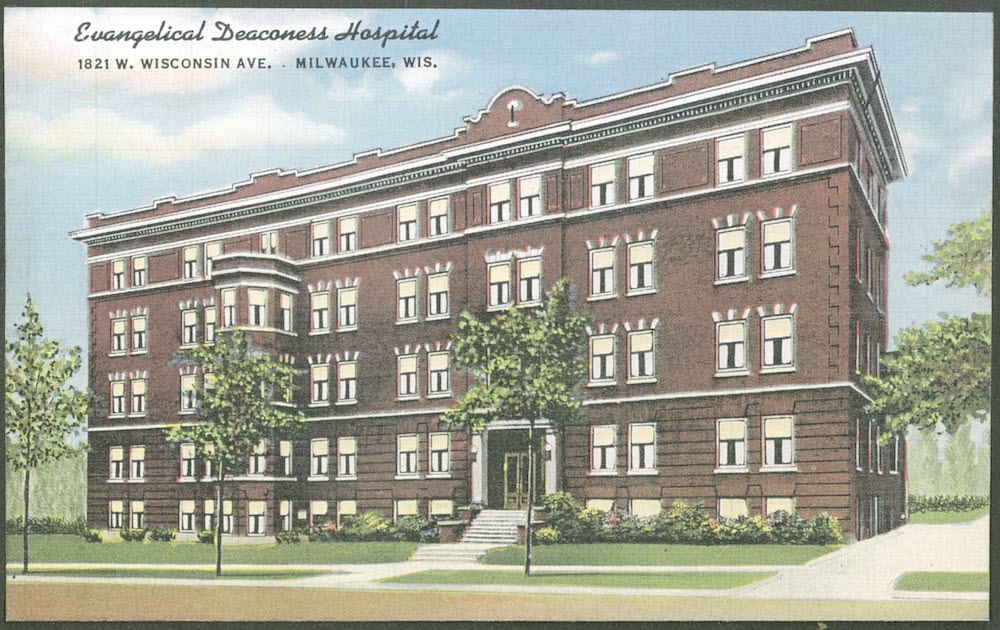 Postcard of the Evangelical Deaconess Hospital located on Wisconsin Avenue from the 1940s.