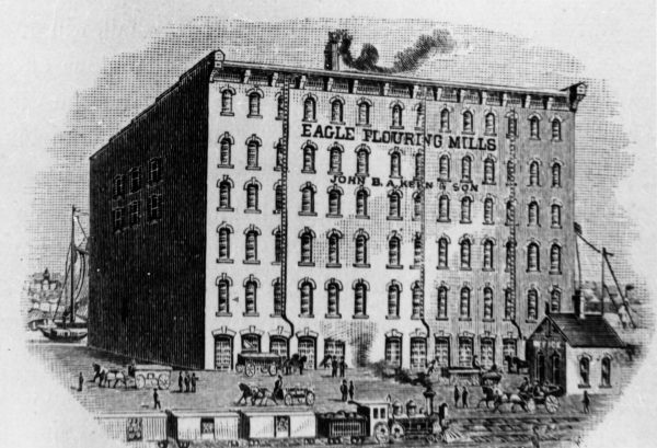 Artist's sketch of an Eagle Flouring Mills building. Opened in in 1844 by John Anderson, it came under the management of John B.A. Kern in 1866 and was one of the largest mills in the area. 