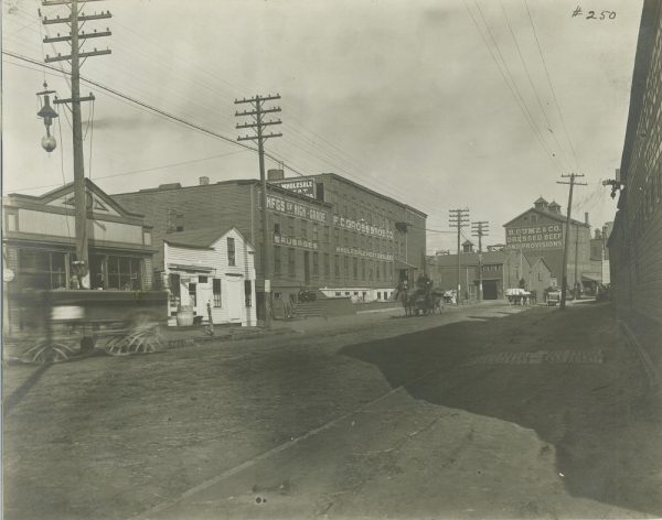 1909 photograph of the R. Gumz & Company and the F.C. Gross Brothers Company meatpacking facilities located on the old intersection of N. Muskego Avenue and Canal Street.
