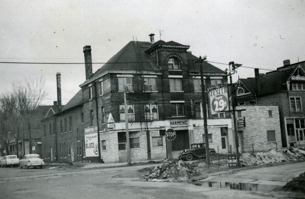 This photograph showcases Harmonie Hall, a social gathering space for Milwaukee's Slovenian community. The building was built in 1894 and razed in 1962.