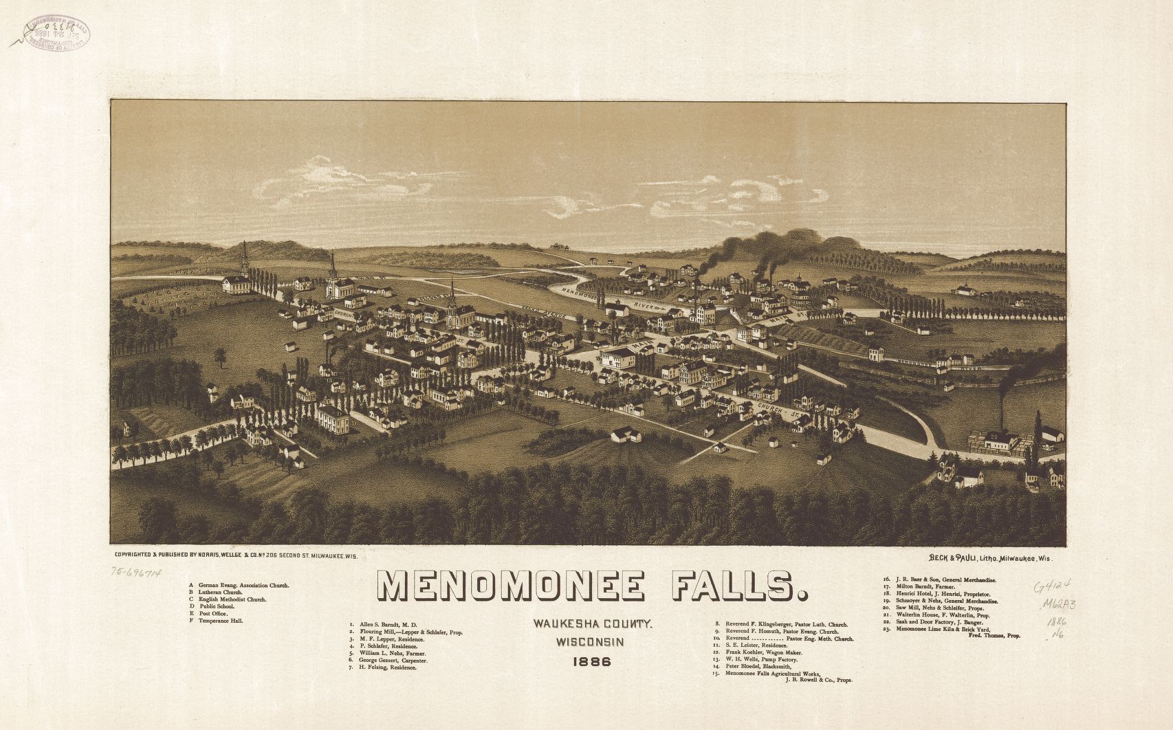 A view of Menomonee Falls in 1886, highlighting its industrial operations, churches, and both wild and planted trees.