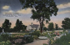 Postcard created between 1932 and 1945 illustrating the administration building and landscaping of the Boerner Botanical Gardens. 