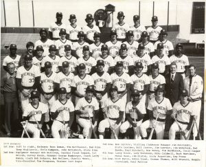Group photo of 1979 Milwaukee Brewers team members in uniforms, posing in five rows. Members in the first row kneel while holding bats upside down. Two men in the second row and one in the third row do not wear the team uniform. The image's caption has a special section containing all the members' names.