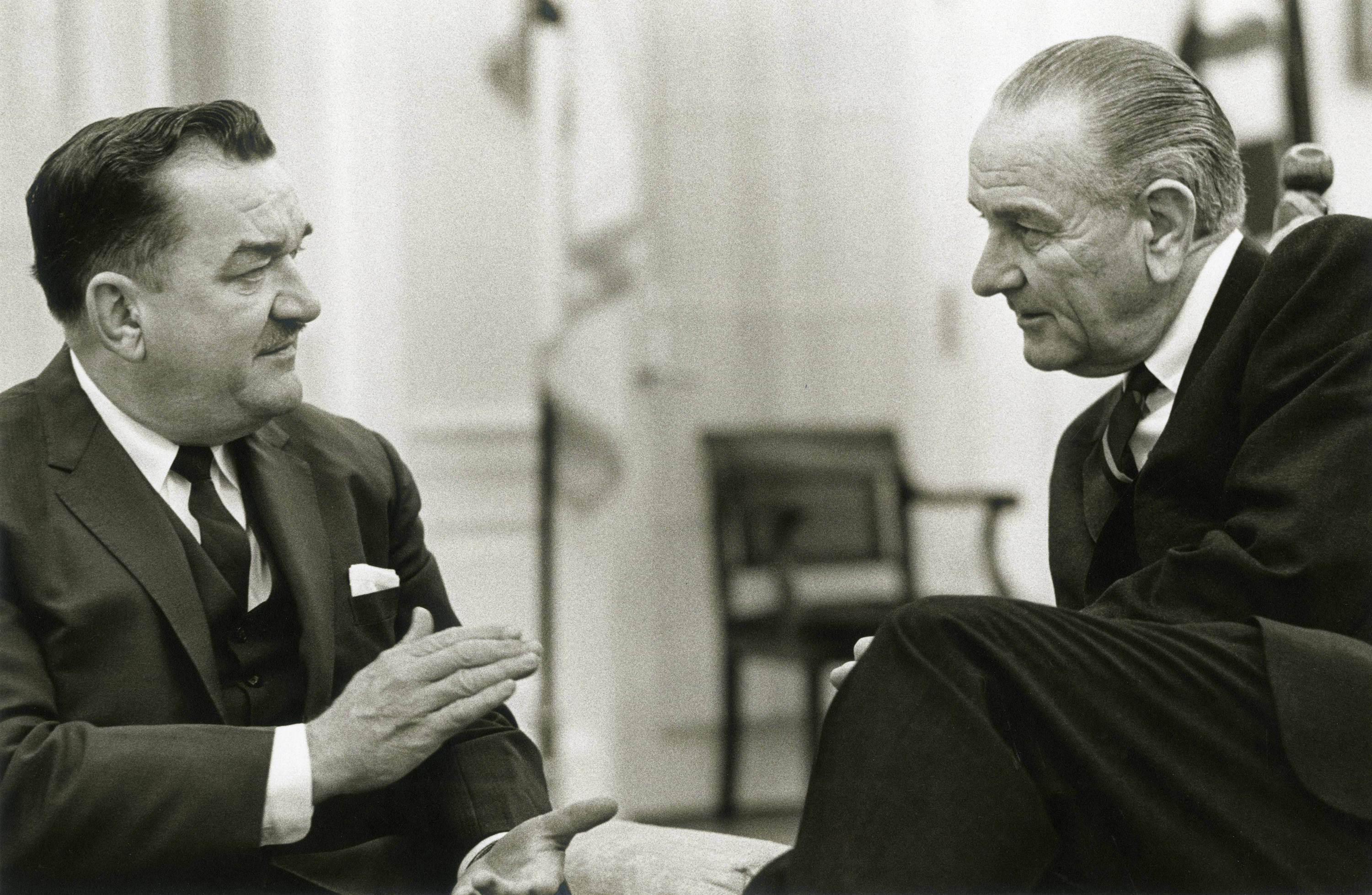 Representative Zablocki speaks with President Lyndon B. Johnson at the White House in this photograph from April 1968. 