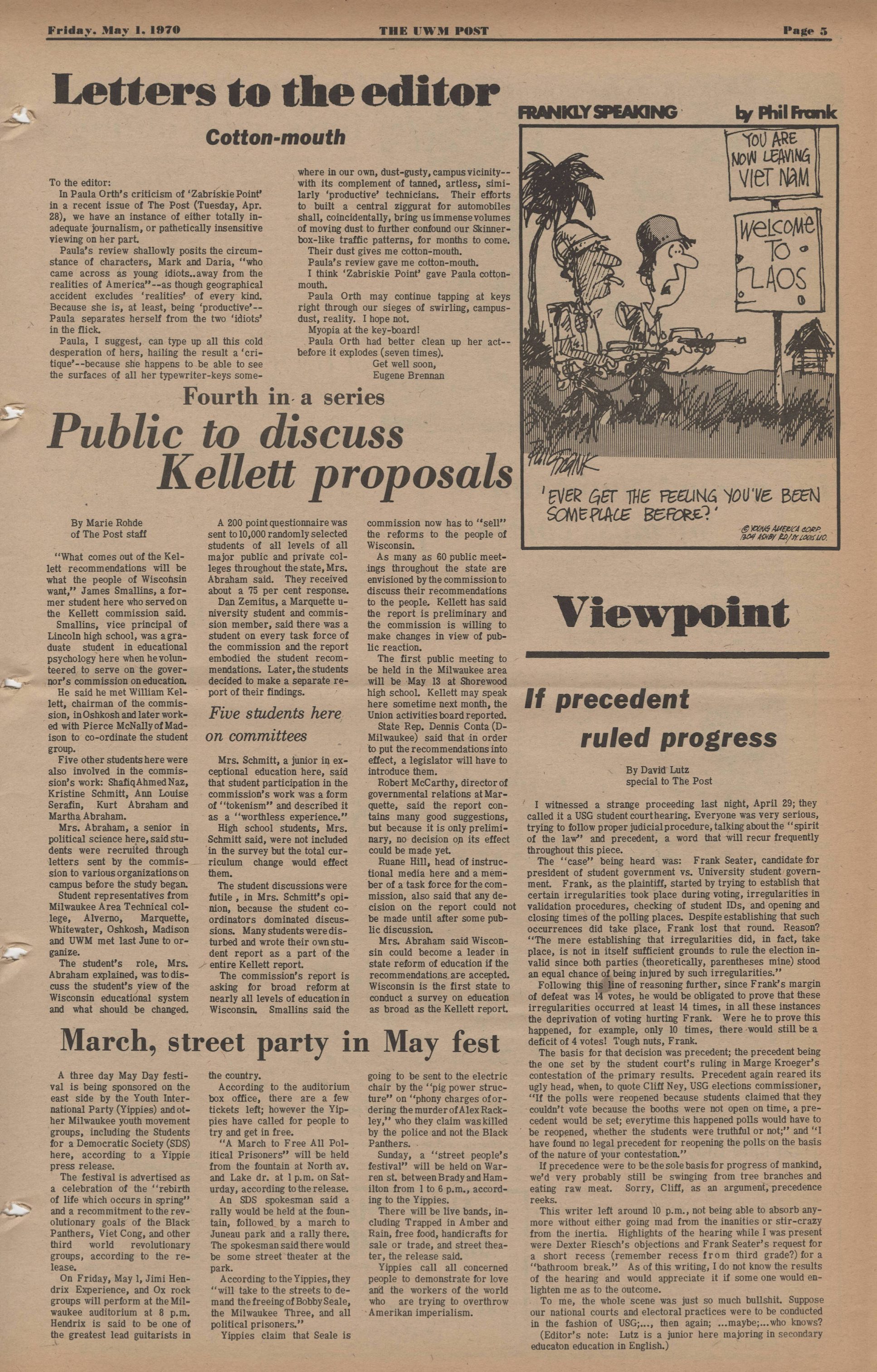 This issue of the UWM Post from 1970 features an announcement for an upcoming march and festival  in support of "workers of the world who are trying to overthrow Amerikan imperialism." 
