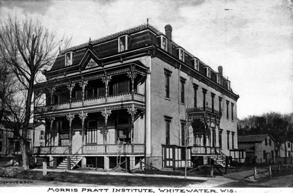 This 1889 photograph features the Morris Pratt Institute, the only Spiritualist college in the United States, at its original location in Whitewater. The institute still exists today and is now located in Wauwatosa.  