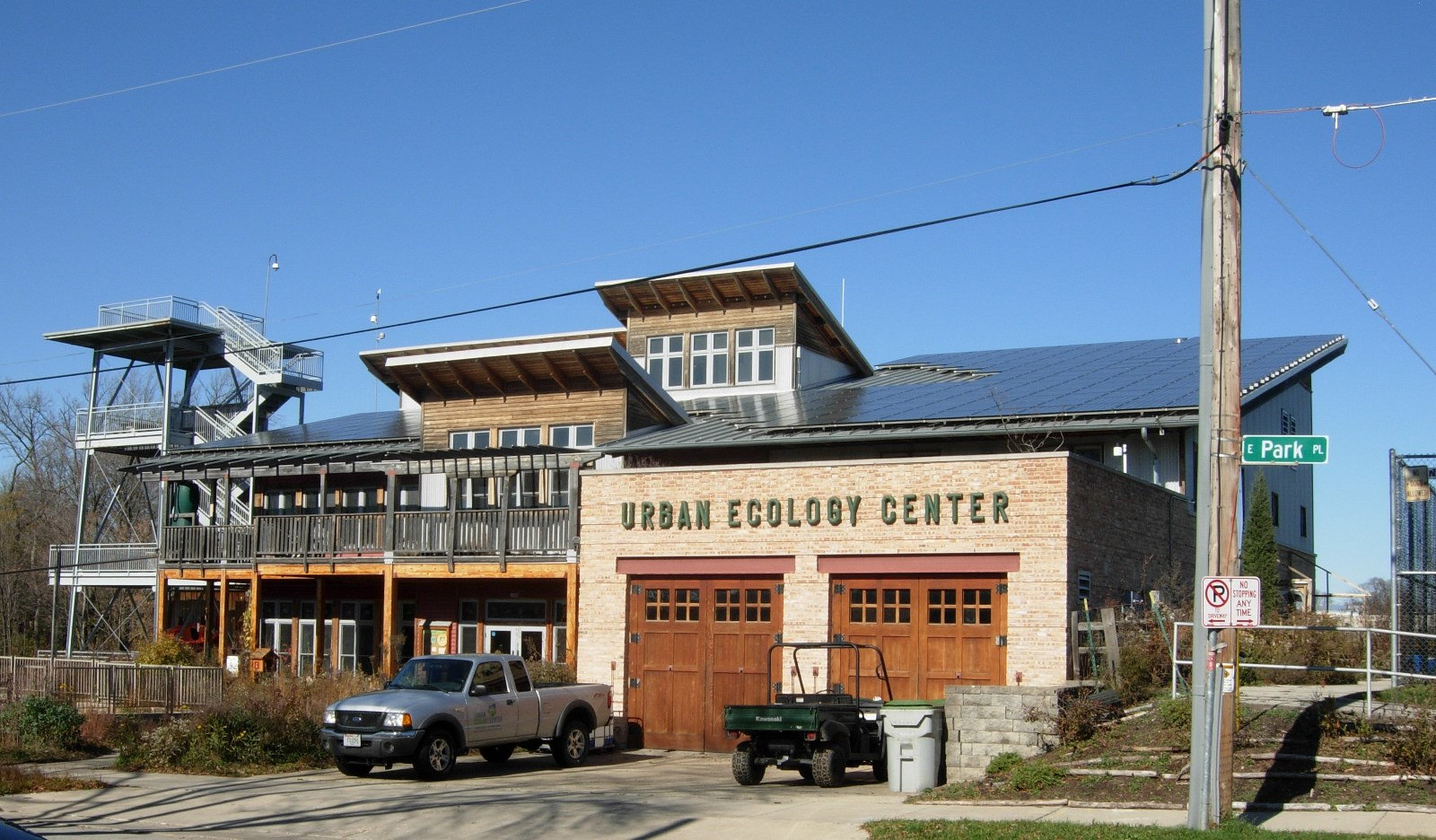 A 2012 photograph of the Urban Ecology Center's main building, constructed in 2004 in Riverside Park.