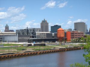 2006 photograph of the Harley Davidson Museum under construction in the Menomonee Valley. 