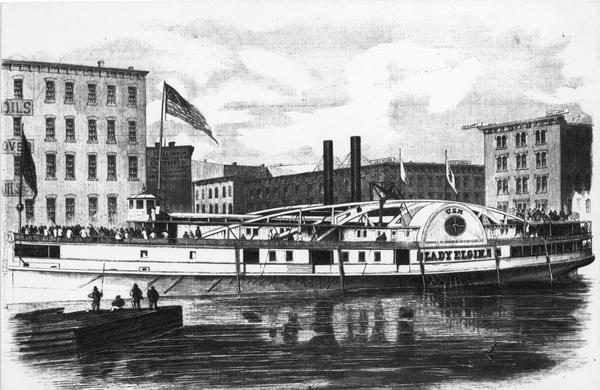 A sketch showcases the Lady Elgin docked in a body of water with many passengers filling its open deck areas. Behind the ship and its funnel are Chicago buildings of different sizes.