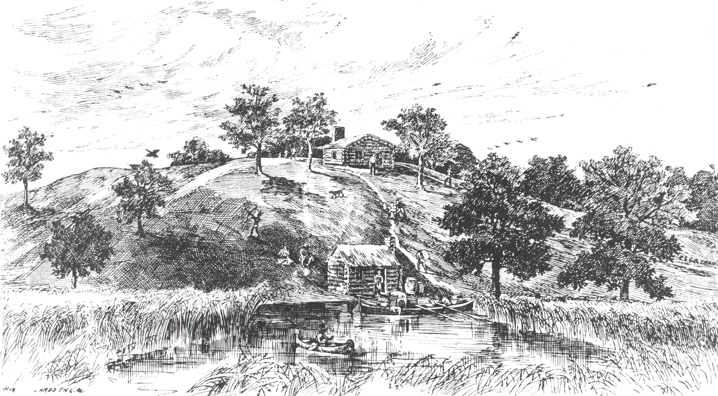 Illustration of Jacques Vieau's cabin outpost. Vieau was Milwaukee's first permanent fur trading agent. 