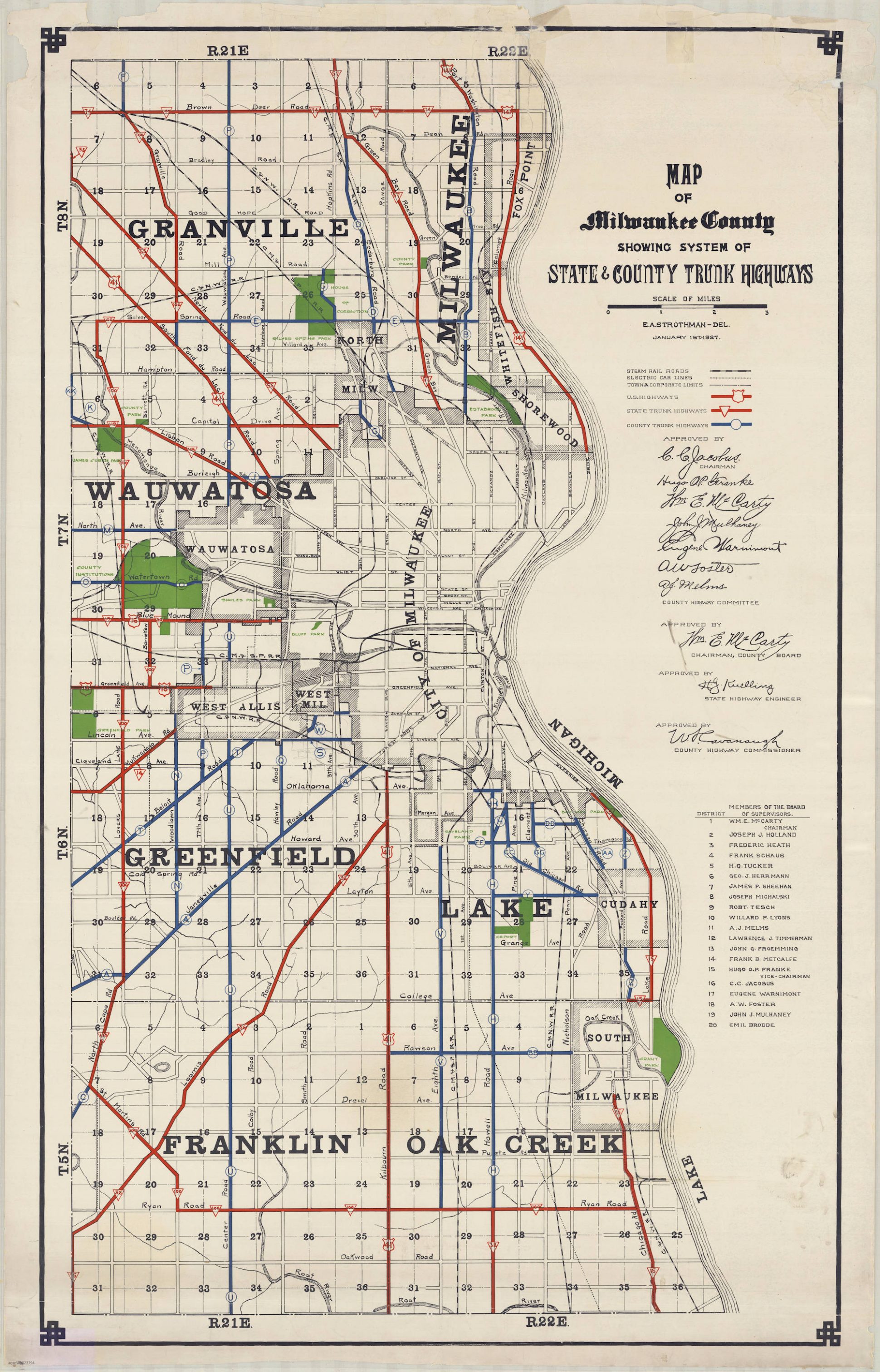This 1927 map shows state and county trunk highways in Milwaukee County.