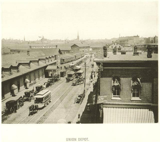 A photograph of the old Union Depot in Walker's Point, which the Chicago, Milwaukee and St. Paul Railroad replaced in 1886 with a new one on Michigan Avenue.