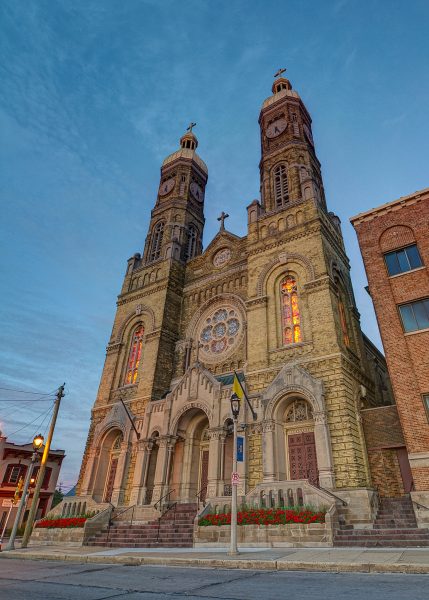 2015 photograph of the front entrance to St. Stanislaus Parish in the historic Mitchell Street District of downtown Milwaukee.