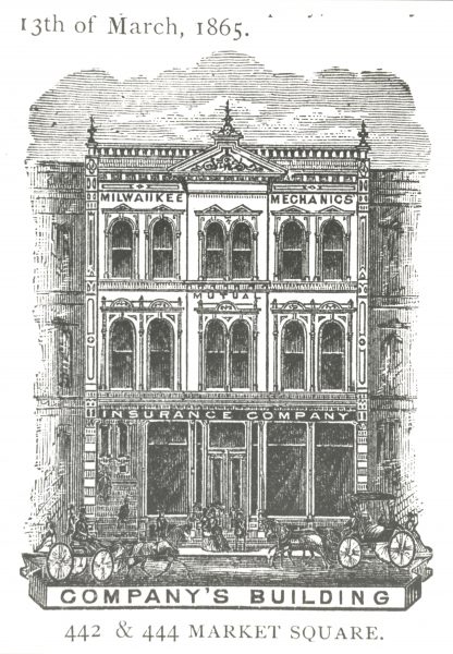 Illustration of the Milwaukee Mechanics Mutual Insurance Company building once located on Water Street.