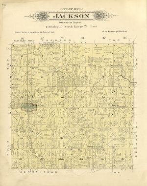 A plat map entitled "Plat of Jackson" shows property ownership in the Town of Jackson, Washington County. Both the size and owners of farmsteads are noted, along with the acreage of the property. In the left center of the square-shaped map is the Village of Jackson area outlined by black dash-dotted lines and red dash-dotted lines.