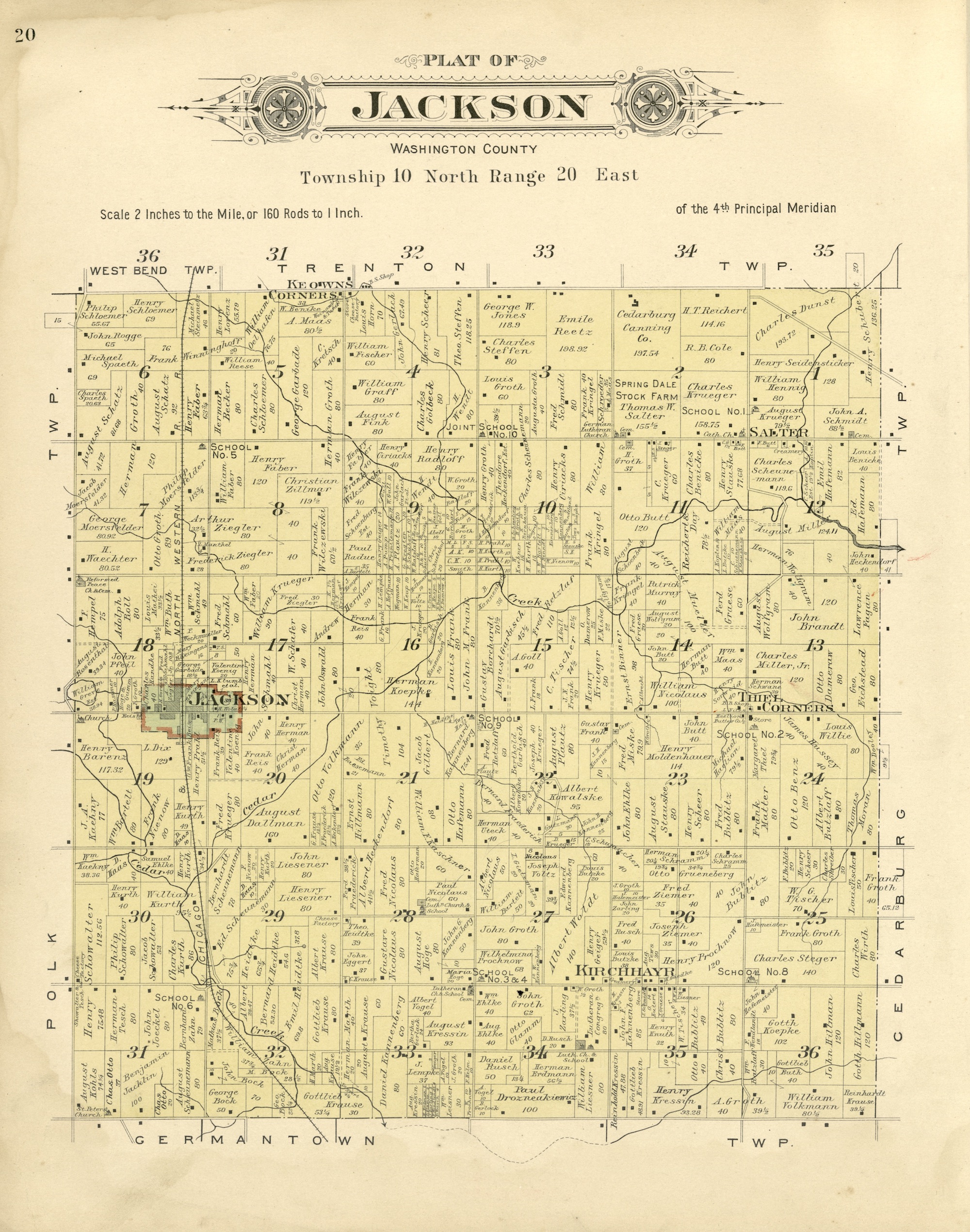 This 1915 map shows the Town of Jackson, with the Village of Jackson outlined in red, as well as the unincorporated communities of Salter, Thiel Corners, Kirchhayn, and Keowns Corners. 