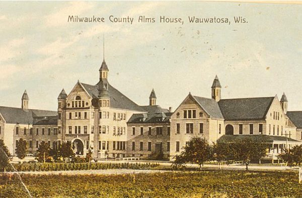 This postcard illustrates the Milwaukee County Alms House, one of the first institutions created by Milwaukee County.