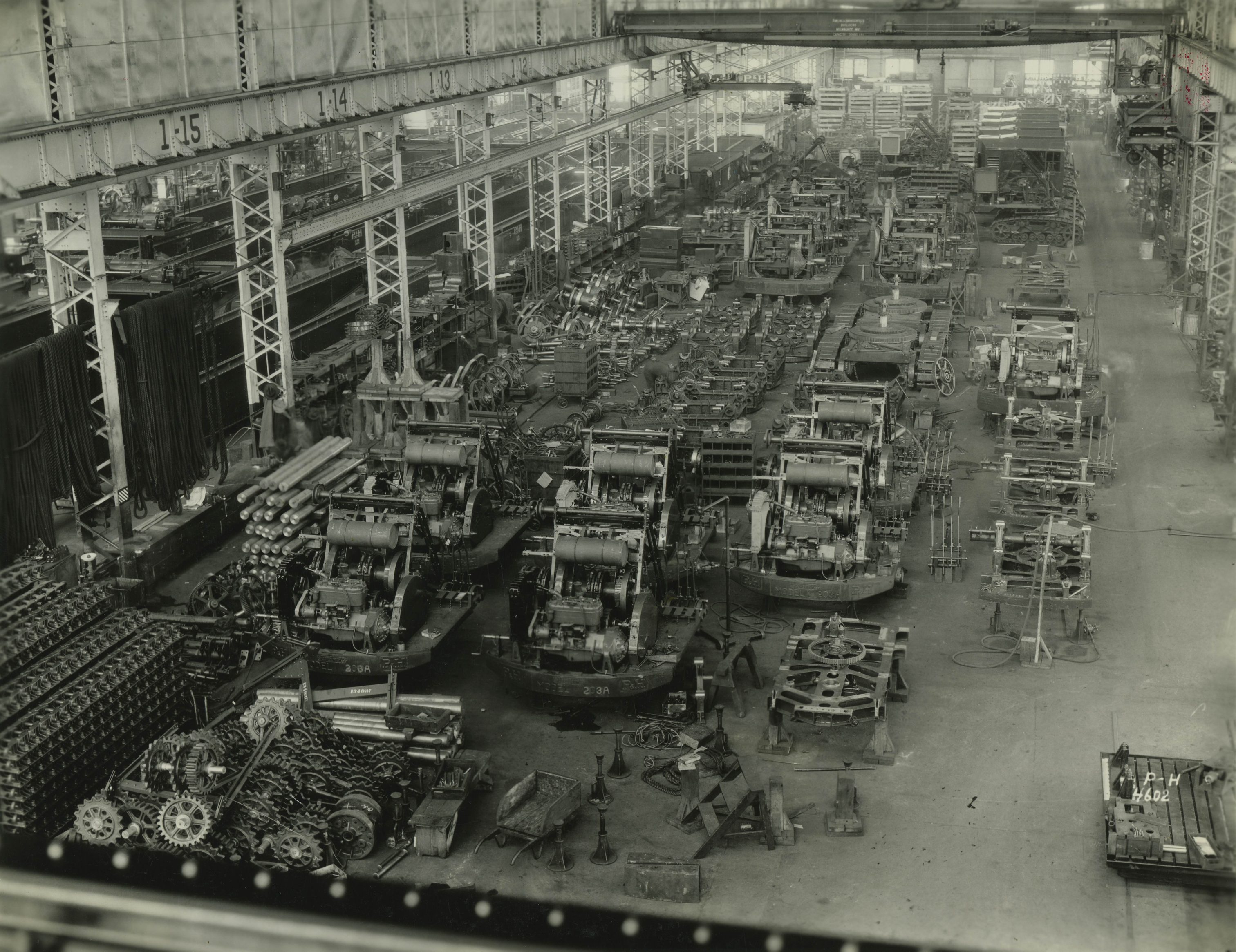 Bird's eye view of the interior of the Pawling and Harnischfeger manufacturing plant located on W. National Avenue. 