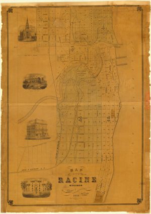 Land use map of the City of Racine. The map's title, year, and publisher's name, William Hancock, are in the bottom center. The map shows the area divided into plots and numbered. Four sketches of buildings are drawn in a row on the left part of the paper. They illustrate, from top to bottom: the Congregational Church, Congress Hall Hotel, Baker House Hotel, and a College.