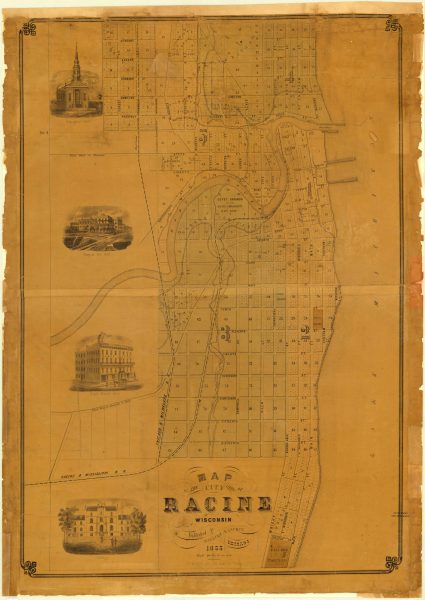 This 1855 map shows the City of Racine (now the seat of Racine County) 14 years after it was chartered as a village and 9 years after it became a city. 