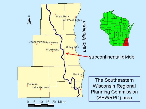 This map from the U.S. Geological Survey illustrates where the Subcontinental Divide runs through southeastern Wisconsin.