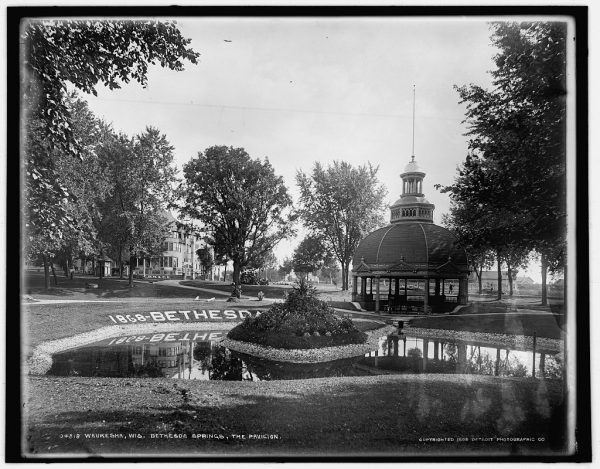 Wide shot of a portion of Bethesda Springs featuring a small pond at the image's center. A landscaping plant is placed on an island in the middle of the water body. Inscribed on the grass by the pond is "1868-Bethesda." A gazebo with a domed roof stands at the right back of the pond. Tall trees surround the area and hide a grand building in the right background.