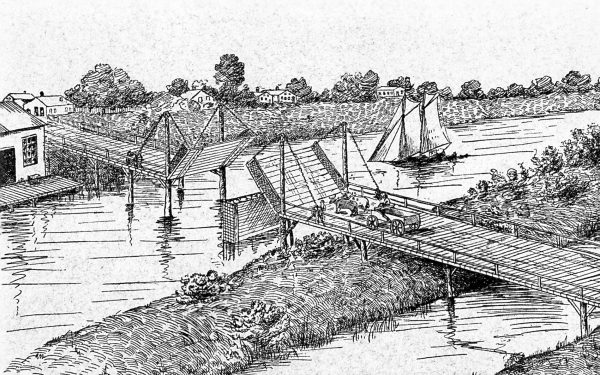 Sketch of the old Chestnut Street bridge connecting the east and west sides of the Milwaukee River. Two platforms in the middle of the bridge are open to let an incoming boat pass. A person with two cattle and an empty wagon is waiting on the side of one of the platforms.
