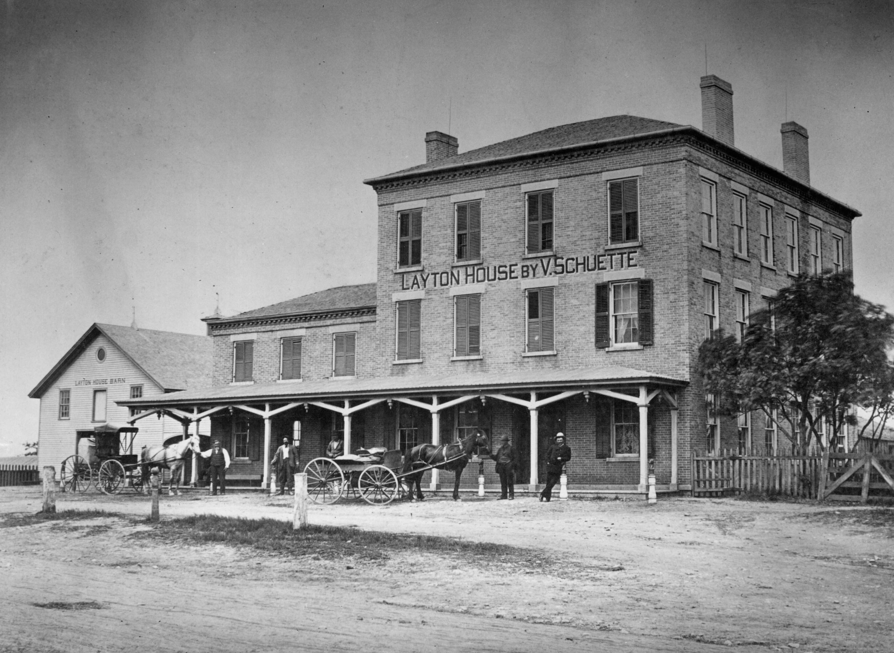 The Layton House, built in 1848, served travelers through what is now Hales Corners in the nineteenth century, shown in this photograph from 1880.