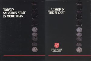 Two pages from the Salvation Army's 100th-anniversary booklet. Each has a black-colored background. The page on the left features a white text that reads "Today's Salvation Army is More Than...." and pictures of coins shown at different angles to simulate falling. The page on the right features white text that reads "...a drop in the bucket" and images of the same coins. This page also shows the Salvation Army logo and beneath this is inscribed "Serving Milwaukee 100 Years."