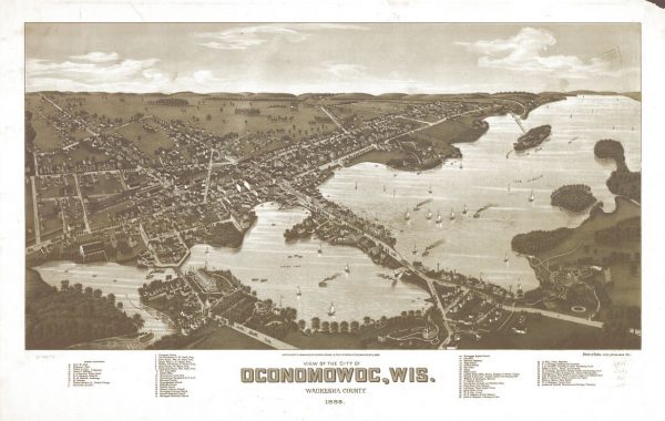 An 1885 bird's eye view of Oconomowoc that highlights recreational boating.