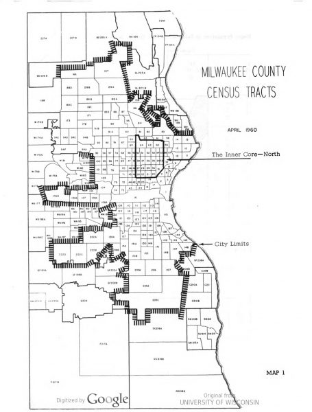 A map of Milwaukee census tracts with areas divided into plots and numbered. Some areas are outlined and grouped into one zone by a thick black line. The map describes the zone as "The Inner Core-North."