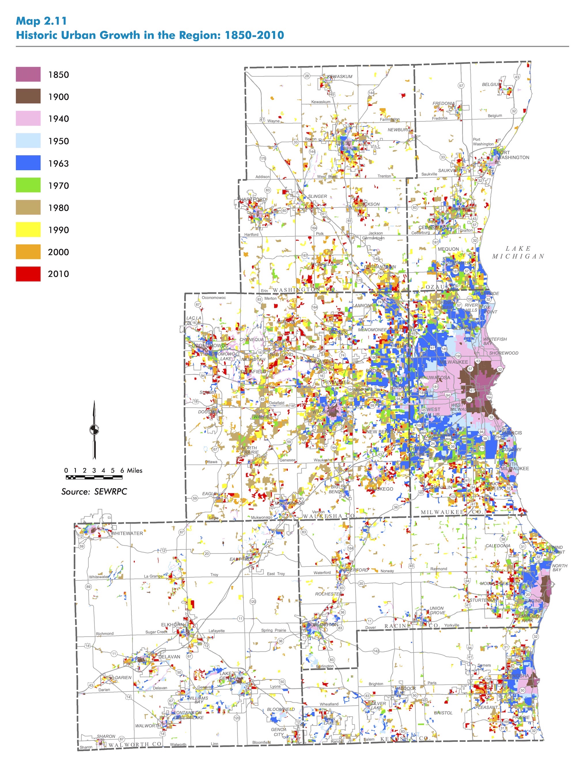 This map of the Milwaukee area's growth since 1850 suggests the challenge SEWRPC faces in the twenty-first century of checking urban sprawl and encouraging the preservation of the region's natural environment.