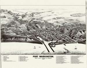 Aerial map of Port Washington in a rectangular frame illustrating the city's contours, consisting mostly of land. The long Sauk River flows through the land. The harbor area is drawn in the bottom portion of the map. Several boats sail on the water body. Most buildings are built near the harbor. Areas with sparse houses appear on the map's upper portion, where a tiny train is just barely visible. The map title and directories are printed on the bottom part outside the frame. The directories list the city's churches, schools, courthouses, commercial buildings, and manufacturers, among others.