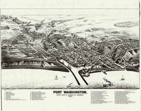 The county seat of Ozaukee County, the city of Port Washington, is also the location of the only natural harbor in the county. It is pictured here in this 1883 map. 