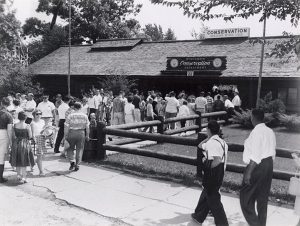 A group of men, women, and children in summer clothes walks toward the Wisconsin Conservation Department exhibit building. The building is one story tall and made with dark wood.
