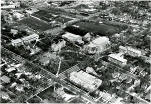 This photograph provides a view of Carroll University as it looked from the southeast in 1967, when it was still known as Carroll College.