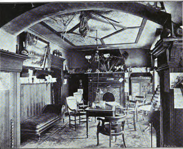 In its earliest years of existence, the Milwaukee Press Club established its home in rooms on the third floor of Adam Roth's Quiet House saloon, on the corner of E. Mason and N. Broadway Streets. One of the several rooms is depicted here around 1895. 