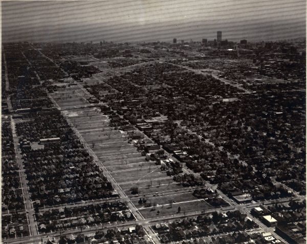 This undated photograph shows the relationship between freeway development and Milwaukee's urban fabric.
