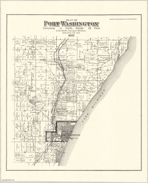 The reproduction of an 1892 plat map entitled "Plat of Washington." On its top right corner is inscribed "reprinted by the Ozaukee County Historical Society." The map shows property ownership and boundaries in the town by dividing the area into blocks of different sizes and putting the owners' names on each block. Repeated long black lines stretch from the top right to the center bottom symbolising Lake Michigan. Bordering the lake on the map's bottom center is the City of Port Washington. A bold black line outlines the area. Waterways and railroads are visible on the map.