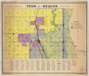 Map of the Town of Mequon illustrating the area's private and public facilities. The private lands or properties are marked by the owners' names. The area is colored in a different tones to differentiate residential areas from agricultural, local businesses, and other commercial places. The Milwaukee River marked by a long stripe stretching from top to bottom separating a portion of the town.