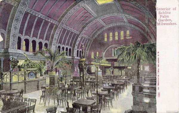 This 1911 postcard illustrates the domed interior of the Schlitz Palm Garden, which offered patrons fine food, music, and dancing. 